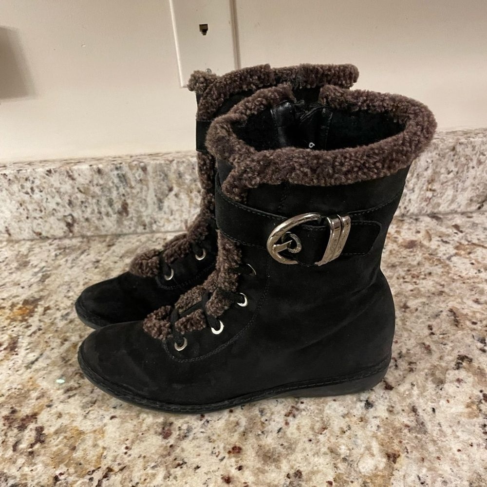 Stuart Weitzman Black Suede Sherpa Trim Boots